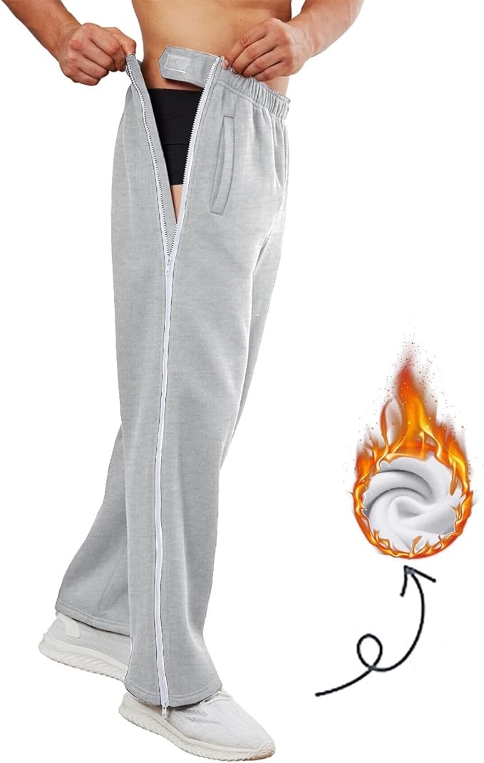 Deyeek Mens Fleece Sweatpants Tear Away Pants 2 Side Zippers Snap Off Full Open Down Sweat Leg Post Surgery Pant with Pockets