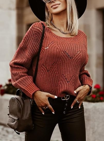 Dokotoo Womens 2023 Cute Elegant Soft Crewneck Long Sleeve Hollow Cable Knit Pullover Sweaters