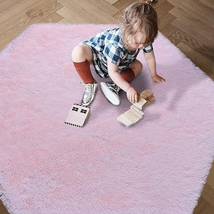 junovo Ultra Soft Rug for Nursery Children Room Baby Room Home Decor Dormitory Hexagon Carpet for Playhouse Princess Tent Kids Play Castle, Diameter 4.6 ft, Pink