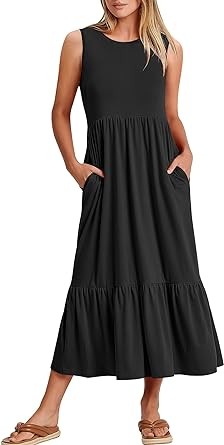ANRABESS Women's Summer Casual Sleeveless Crewneck Swing Sundress Fit & Flare Flowy Tiered Maxi Dress with Pockets