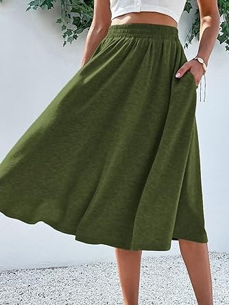 Verdusa Women's Elastic Waist Pocket Side A Line Midi Swing Flared Skirt