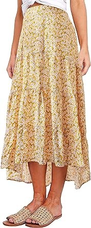 PRETTYGARDEN Women's Ditzy Floral Print Midi Skirt Boho Elastic High Waist Long Skirts for Women Trendy High Low Hem