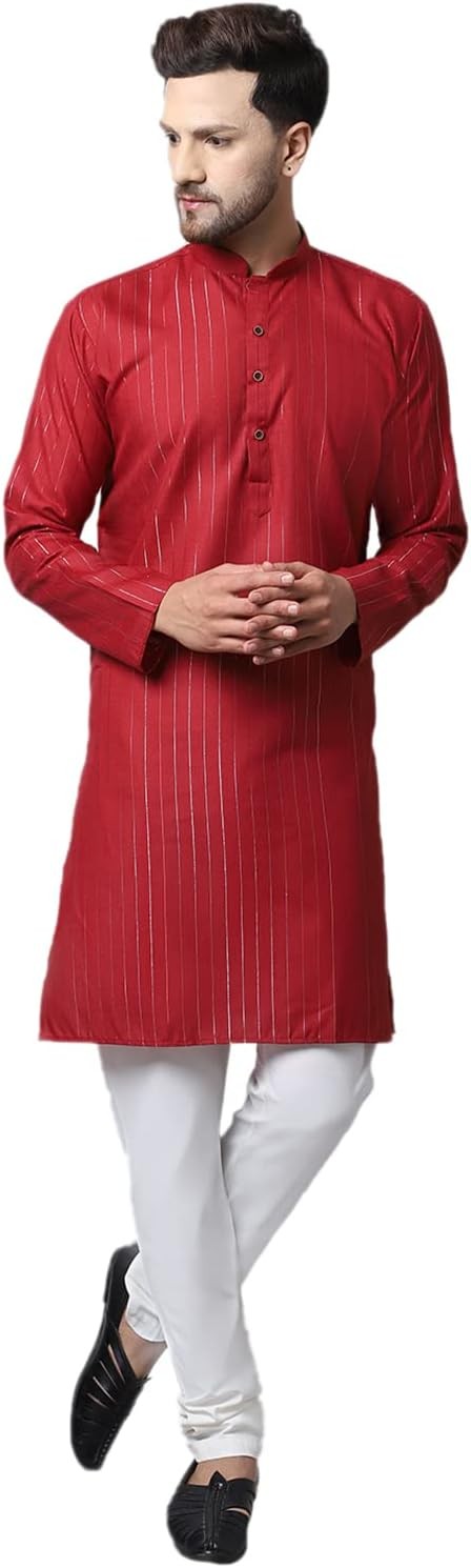 Men's Cotton Zari Long Kurta Pyjama Set Indian Casual Yoga Wear Kurta for Men Cotton Printed Traditional Clothes Kurta Set