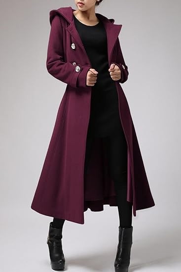 Cicy Bell Womens Long Double-Breasted Hooded Coat Warm Woolen Coat with Belts