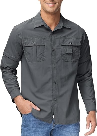 TACVASEN Men's Breathable Quick Dry UV Protection Solid Convertible Long Sleeve Shirt