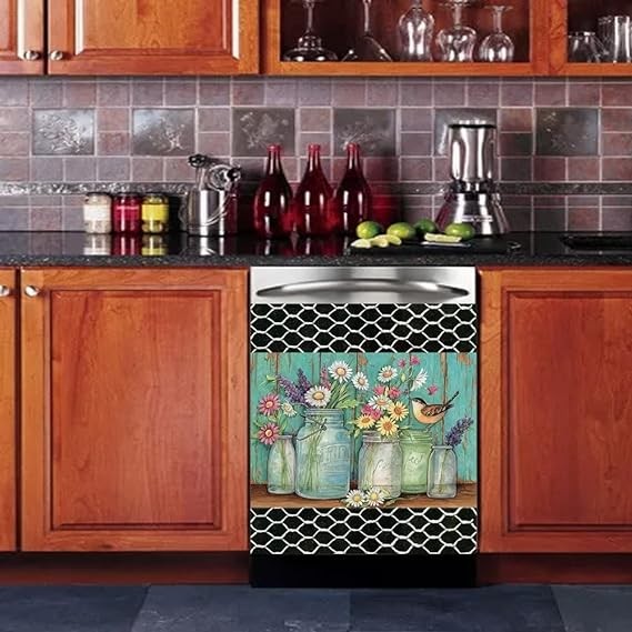 Daisy Magnet Dishwasher Cover,Vase Floral Fridge Magnetic Sticker - Birds with Flower Refrigerator Decal, Farmhouse Kitchen Decor Home Appliance Art Vinyl Panel Wallpaper,23"x26"