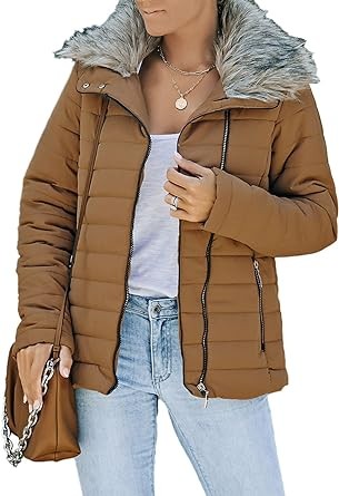 Dokotoo Womens Winter 2023 Fashion Zip Up Quilted Jacket Coat Outerwear (S-XXL,No Hooded)