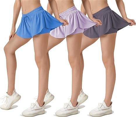Women Athletic Gym Yoga Workout Runnning Tennis Skirts Fitness Girls Flowy Butterfly Shorts, Running, Summer 3 Pack
