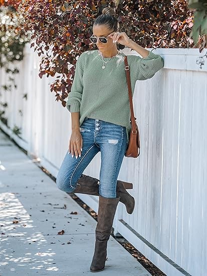 MEROKEETY Women's 2023 Fall Casual Fall Waffle Knit Sweater Long Balloon Sleeve Loose Pullover Jumper