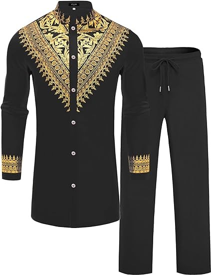 ZSJR Mens African 2 Piece Set Metallic Traditional Suit Gold Stamp Printed African Dashiki Shirt and Pants Outfit