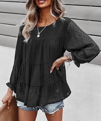 PRETTYGARDEN Women's Summer Loose Chiffon Blouse Mesh Long Sleeve Casual Round Neck Peplum Tops