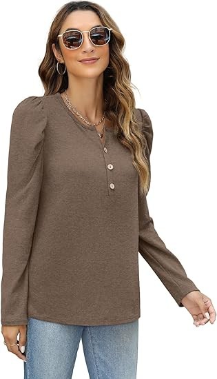 Dofaoo Womens Long Puff Sleeve Tops Tunic 2023 Henley Crewneck Sweatshirts Dressy Casual Shirts