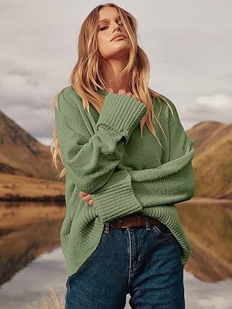 ANRABESS Women's Crewneck Long Sleeve Oversized Fuzzy Knit Chunky Warm Pullover Sweater Top