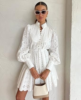 Aox Women Button Down Shift Swing Dress Ruffle Sleeve Tunic Midi Sundress Pockets Mini Skirt with Waist Strap