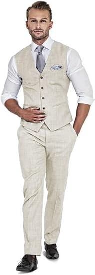 Qiatuu Men's Linen Suit 2 Pieces Suits Groomsmen Tuxedos Summer Beach Wedding Prom Party Suit Vest Pants Set