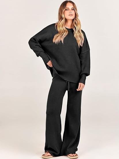 ANRABESS Women 2 Piece Outfits Sweatsuit Oversized Sweater Set & Wide Leg Pants Fall Chunky Lounge Set