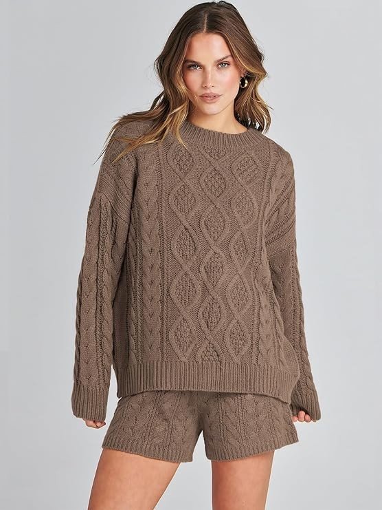 ANRABESS Women‘s 2 Piece Outfits Long Sleeve Cable Knit Chunky Oversized Pullover Sweaters Winter Lounge Loungewear Sets