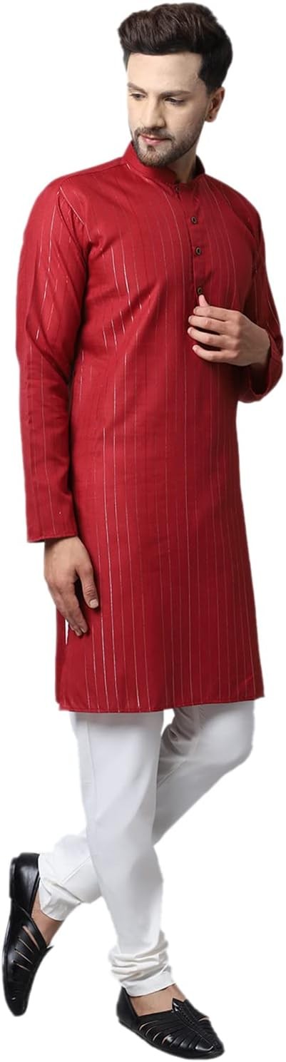 Men's Cotton Zari Long Kurta Pyjama Set Indian Casual Yoga Wear Kurta for Men Cotton Printed Traditional Clothes Kurta Set