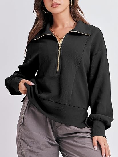 ANRABESS Women Half Zip Cropped Sweatshirt Casual Fleece Quarter Zip Up Rib Knit Pullover 2023 Fall Clothes