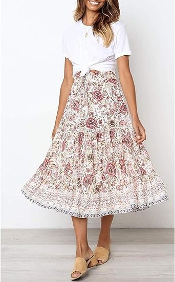 MEROKEETY Women's Boho Floral Print Elastic High Waist Pleated A Line Midi Skirt