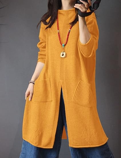 YESNO Women Casual Loose Fashion Cotton Sweater Dress Split Pullover Tops with Pockets YG7