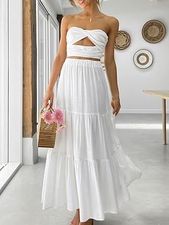 ANRABESS Women’s Summer Boho Elastic Waist Pleated A-Line Flowy Swing Tiered Long Beach Skirt Dress with Pockets