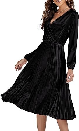Vrtige Women's Satin Wrap V Neck Long Sleeve Pleated Hem Midi Party Dress