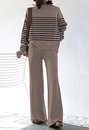 Viottiset Women's 2 Piece Outfits Sweater Set Wide Leg Pants High Neck Sweatsuit Loungewear