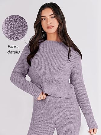 ANRABESS Women's Two Piece Outfits Chunky Knit Fuzzy Sweater Set Long Sleeve Crop Pullover Wide Leg Pant Matching Lounge Set