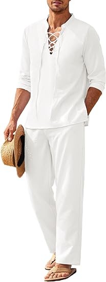 COOFANDY Men's 2 Piece Linen Set Long Sleeve Henley Shirts Casual Beach Pants With Pockets Summer Yoga Outfits