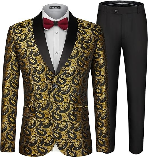 MAGE MALE Men's 2 Piece Slim Fit Floral Tuxedo Suit Paisley Peak Lapel One Button Single Breasted Suit Jacket Pants Set