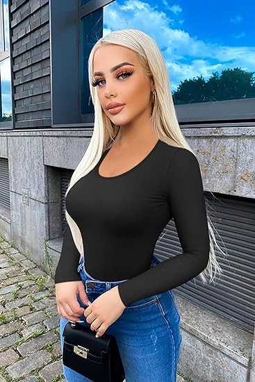 TOB Women's 2 Piece Bodysuits Sexy Ribbed Long Sleeve Round Neck Stretch Tops Bodysuits