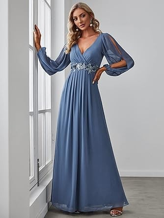 Ever-Pretty Women's Elegant V-Neck Long Sleeve A-line Chiffon Floor Length Mother of The Bride Dress 0461-USA