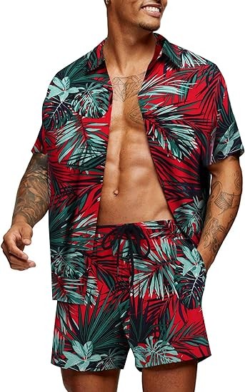 COOFANDY Men's Hawaiian Matching Set Summer Beach 2 Piece Outfits Flower Shirts and Shorts