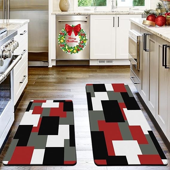 chiinvent Red Black Kitchen Rugs Mats Set of 2 Cushioned Christmas Anti Fatigue Kitchen Floor Mat White and Grey Geometric PVC Non-Slip Waterproof Standing Mats for Kitchen Office, 17"x 47"+17"x 28"