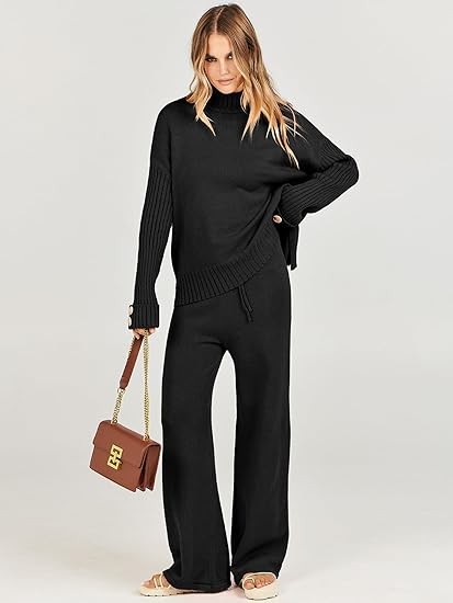 ANRABESS Women's Two Piece Outfits Sweater Sets Long Sleeve Knit Pullover and Wide Leg Pants Lounge Sets