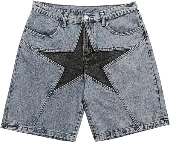 Aelfric Eden Men's Star Patchwork Denim Shorts Mid Rise Stretchy Patchwork Jeans Shorts Casual Denim Shorts Streetwear