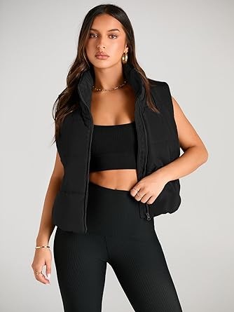 AUTOMET Puffer Vest Women Sleeveless Winter Cropped Outerwear Warm Puffer Lightweight Stand-up Collar Down with Pockets