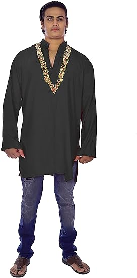Lakkar Haveli Men Embroidered Kurta Indian Wedding Wear Shirt Ethnic Loose Fit Tunic Cotton Kurta Black Color