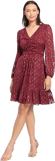 London Times Women's V-Neck Ruched Waist Tiered Skirt Dress