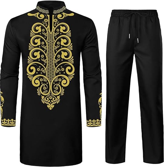 Daupanzees Mens African 2 Piece Set Long Sleeve Gold Print Dashiki and Pants Outfit Traditional Suit