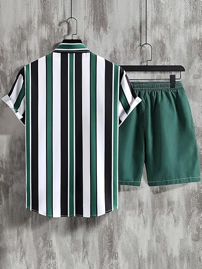 OYOANGLE Men's 2 Piece Outfits Short Sleeve Striped Button Down Shirt and Shorts Sets