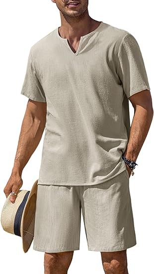 COOFANDY Men's 2 Pieces Short Sets Cotton Henley Shirts Short Sleeve Casual Beach Shorts Summer Yoga Outfits
