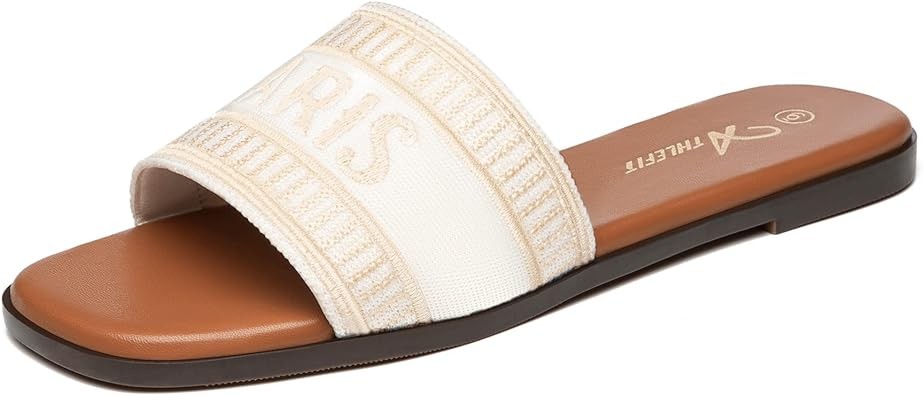 Athlefit Women's Slip On Flat Sandals Summer Embroidered Square Open Toe Slide Sandals