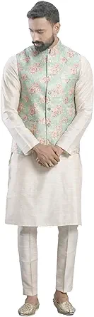 Elina fashion Men's Indian Cotton Kurta Pajama And Printed Nehru Jacket (Waistcoat) Indian Wedding Ethnic Diwali Puja Set
