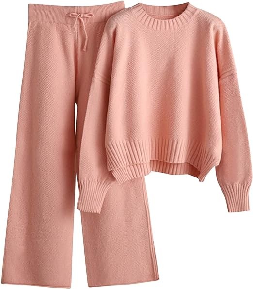 2024 Women 2 Piece Outfits One Shoulder Knit Sweater Pullovers Wide Leg Pants Sets Sweatsuit Tracksuit