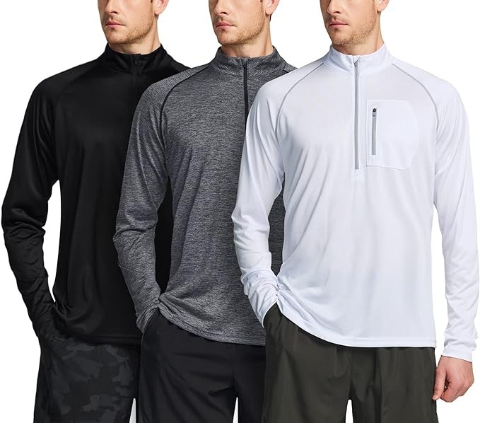ATHLIO 3 Pack Men's Long Sleeve Athletic Shirts - Quick Dry, UV Sun Protection, and 1/4 Zip Pullover Running Tops for Outdoor
