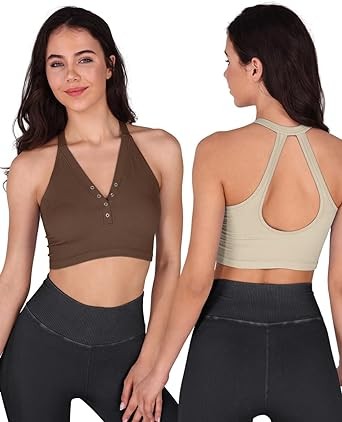 ODODOS 2-Pack Seamless Henley Crop for Women Open Back Ribbed Tank Button-up Cropped Top