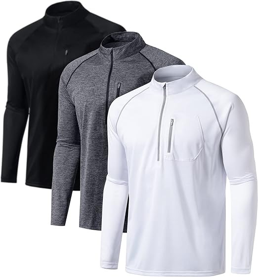 ATHLIO 3 Pack Men's Long Sleeve Athletic Shirts - Quick Dry, UV Sun Protection, and 1/4 Zip Pullover Running Tops for Outdoor
