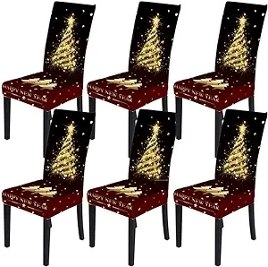 XMNTG Set of 6 Christmas Dining Chair Slipcovers Stretch Parsons Chair Covers Christmas Tree Printed Christmas Decoration Removable Washable Furniture Chair Covers Protector for Kitchen Home Hotel